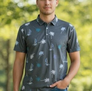 Yatta Golf Men's Pura Vida Grey Polo Palm Trees Sailboats Activewear Novelty